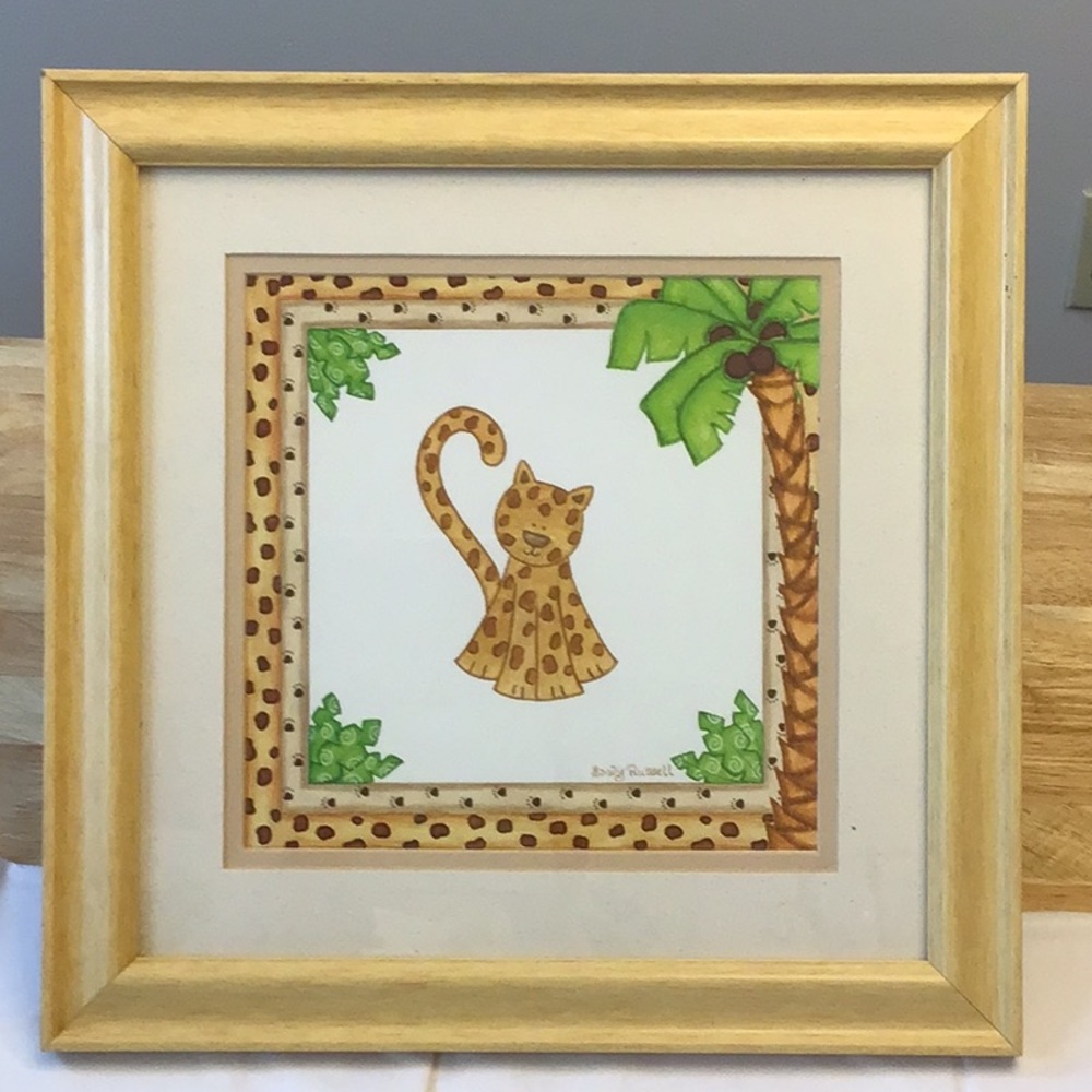 Leopard by Sandy Russell matted, glass frame etc